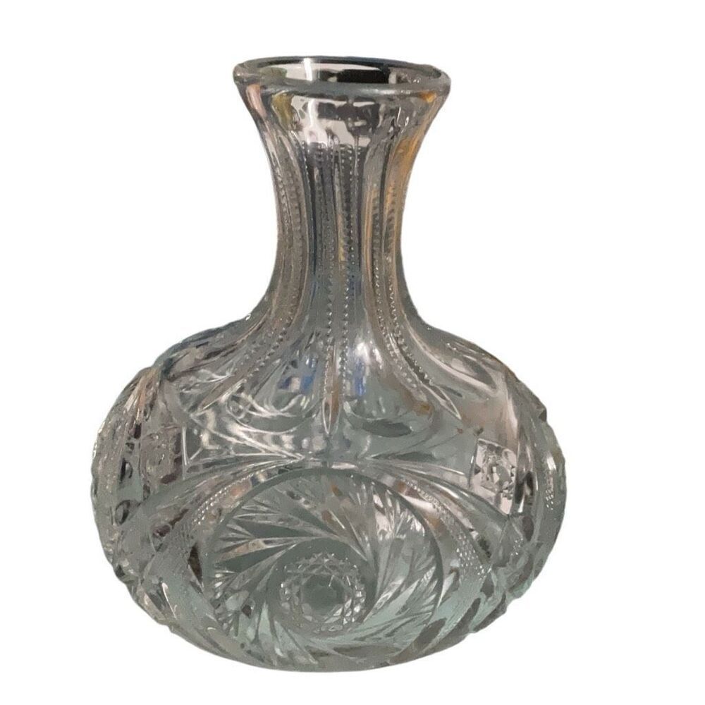 Antique McKee Glass Prescut Wiltec Clear Vase Open Decanter Stamped Uranium Glow